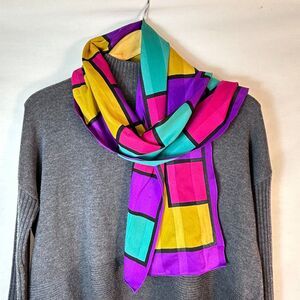 Vintage Purple Multicolor Stained Glass Look Colorblock Rectangular Silk Scarf